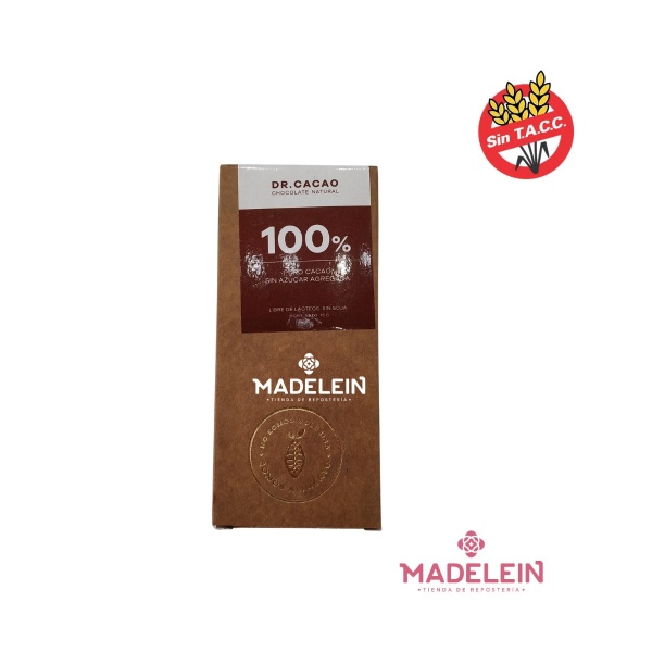 Chocolate barra 100% cacao Sin azucar x 75gr - Madelein® - Tienda de reposteria, pasteleria y bazar